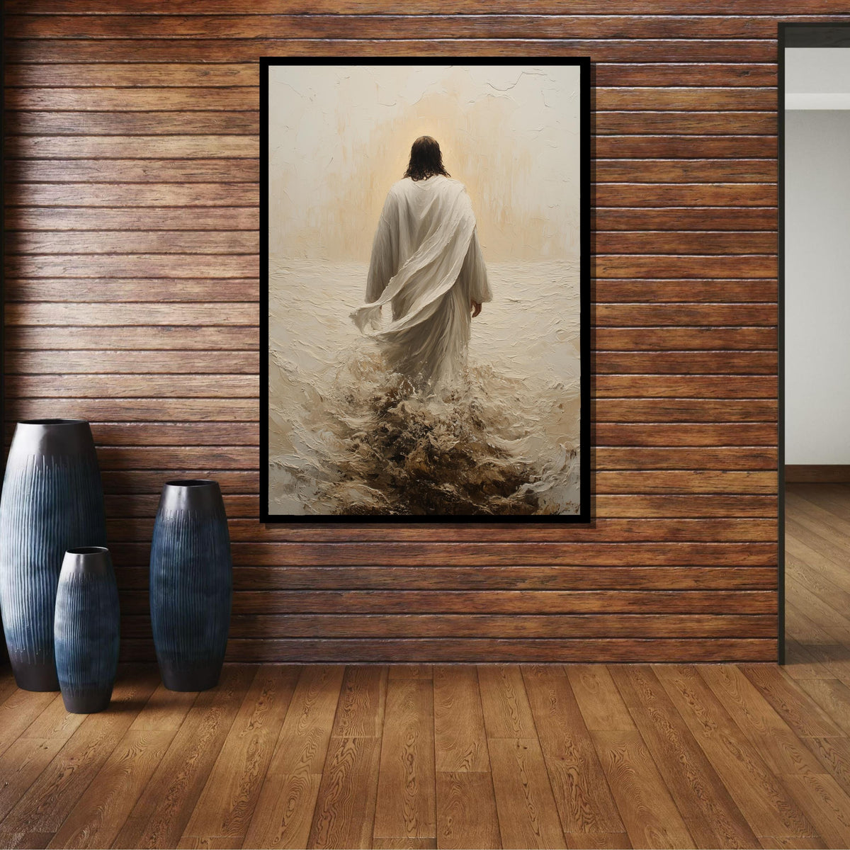 Path of Faith Canvas Art, Jesus Walking Through Waves, Christian Spiritual Wall Decor, Divine Peace Artwork, Ready to Hang