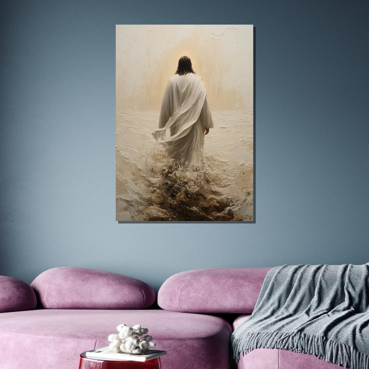 Path of Faith Canvas Art, Jesus Walking Through Waves, Christian Spiritual Wall Decor, Divine Peace Artwork, Ready to Hang