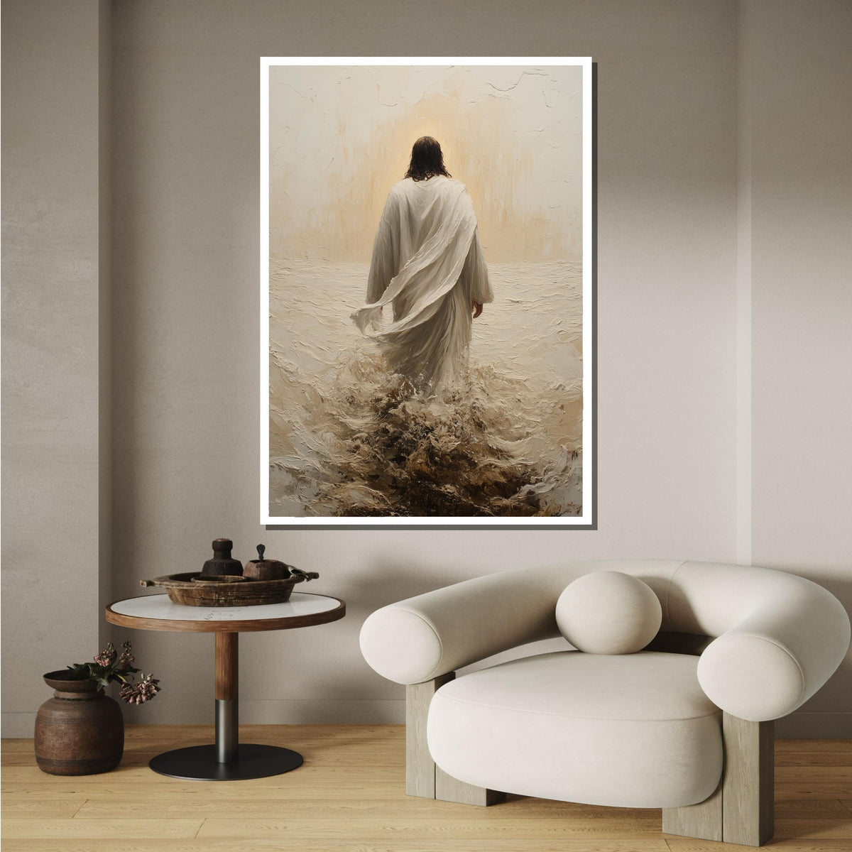 Path of Faith Canvas Art, Jesus Walking Through Waves, Christian Spiritual Wall Decor, Divine Peace Artwork, Ready to Hang