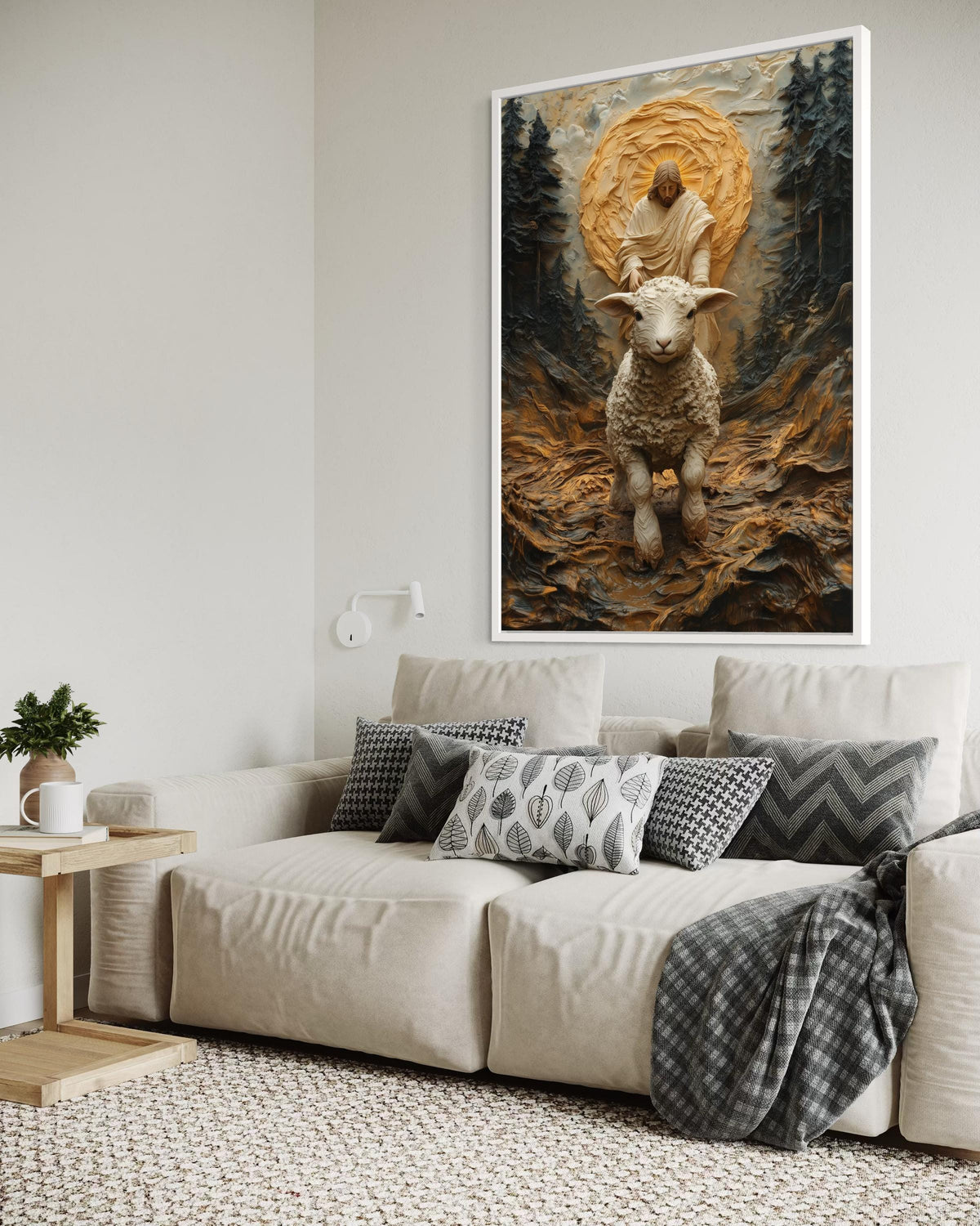 Impasto Lamb with Jesus in Forest Glow Canvas Print - 3D Jesus Painting, Christian Good Shepherd Wall Art for Living Room Decor