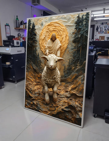 Impasto Lamb with Jesus in Forest Glow Canvas Print - 3D Jesus Painting, Christian Good Shepherd Wall Art for Living Room Decor