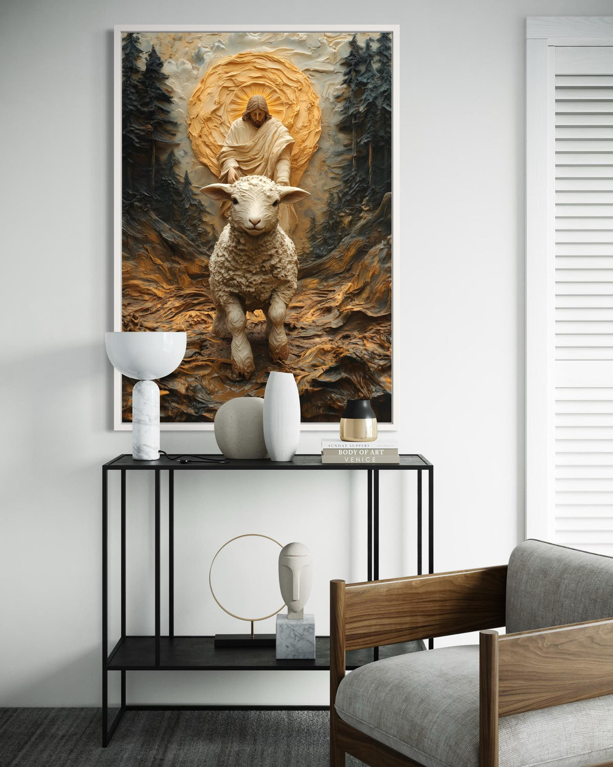 Impasto Lamb with Jesus in Forest Glow Canvas Print - 3D Jesus Painting, Christian Good Shepherd Wall Art for Living Room Decor
