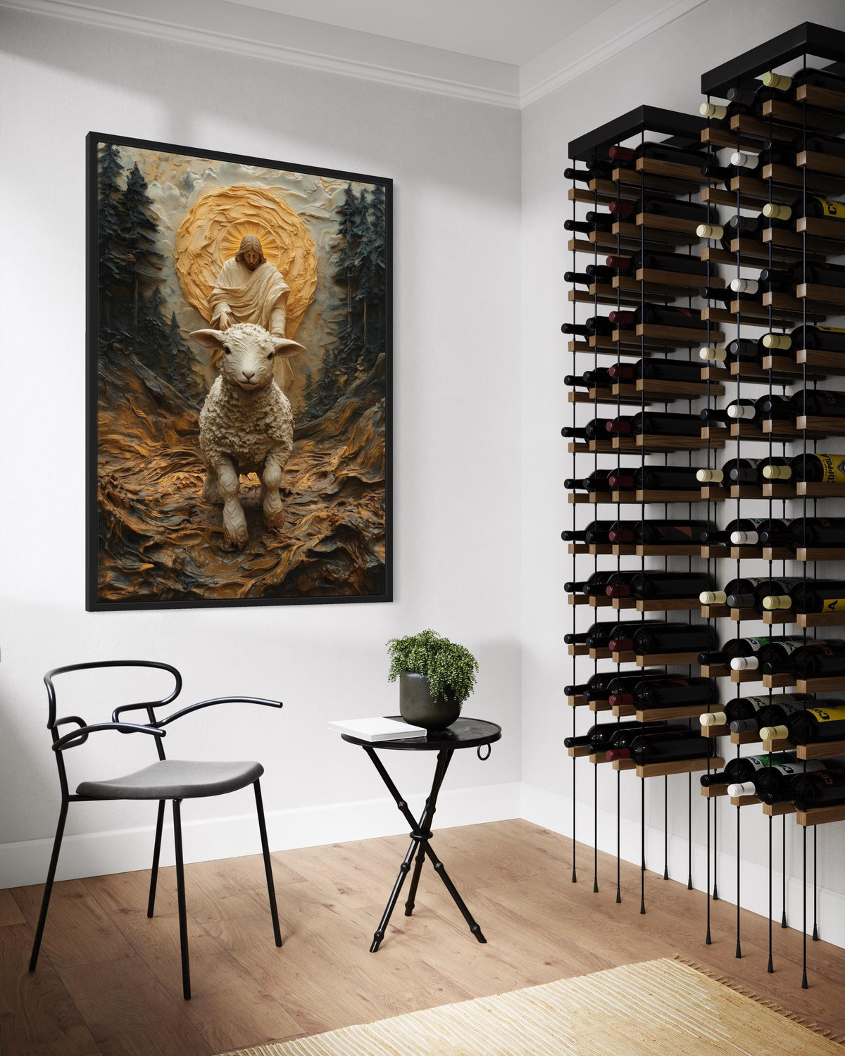 Impasto Lamb with Jesus in Forest Glow Canvas Print - 3D Jesus Painting, Christian Good Shepherd Wall Art for Living Room Decor