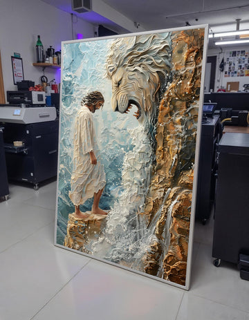 Lion of Judah and Jesus Canvas Print - 3D Jesus Painting, Dramatic Christian Faith Wall Art for Living Room Decor