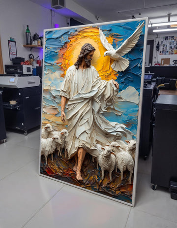 Jesus with Sheep Dove Canvas Print - 3D Impasto  Painting Blue Sky Sunrise Christian Good Shepherd Wall Art for Living Room Bedroom Decor