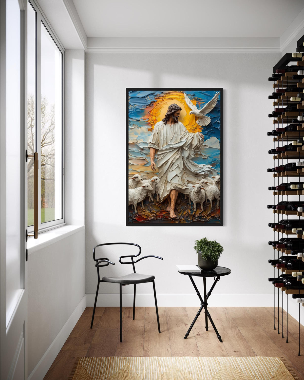Jesus with Sheep Dove Canvas Print - 3D Impasto  Painting Blue Sky Sunrise Christian Good Shepherd Wall Art for Living Room Bedroom Decor