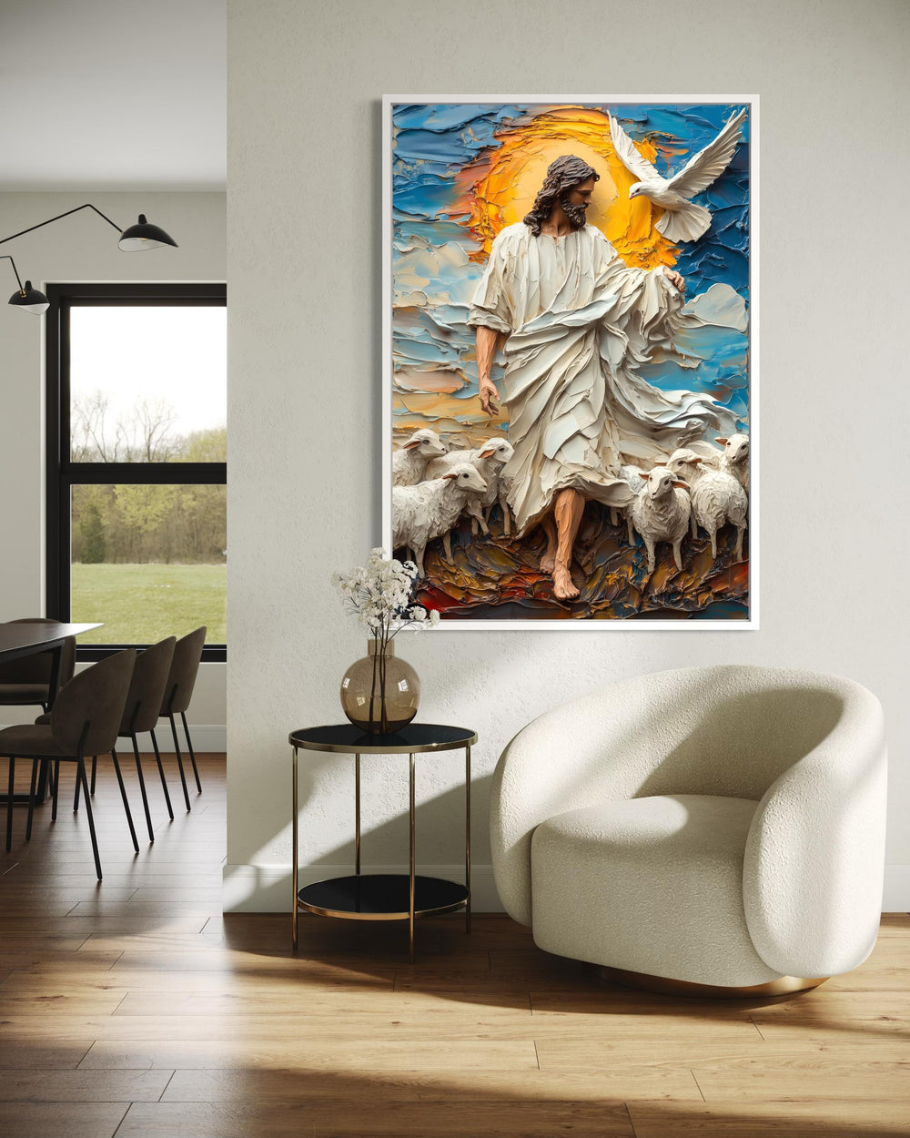 Jesus with Sheep Dove Canvas Print - 3D Impasto  Painting Blue Sky Sunrise Christian Good Shepherd Wall Art for Living Room Bedroom Decor