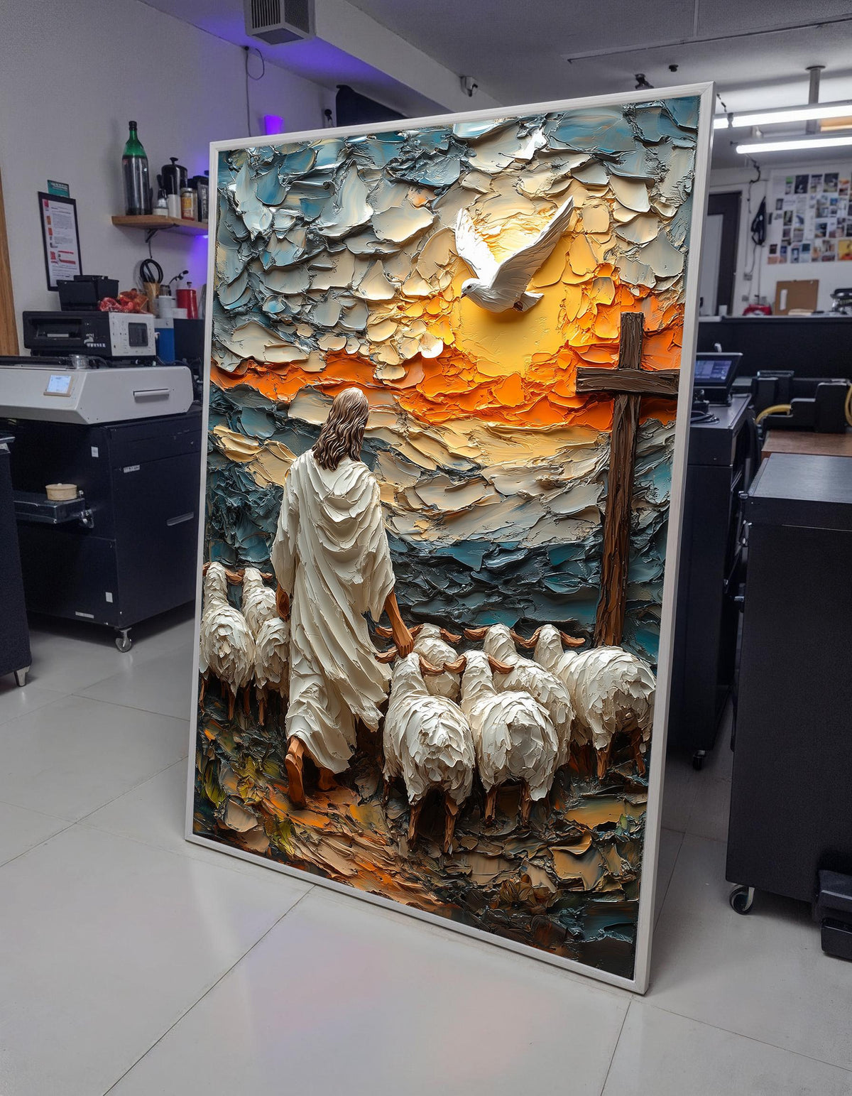 Good Shepherd Jesus Leading Sheep at Sunrise Canvas Print - 3D Impasto Painting with Dove and Cross Christian Wall Art Home Decor