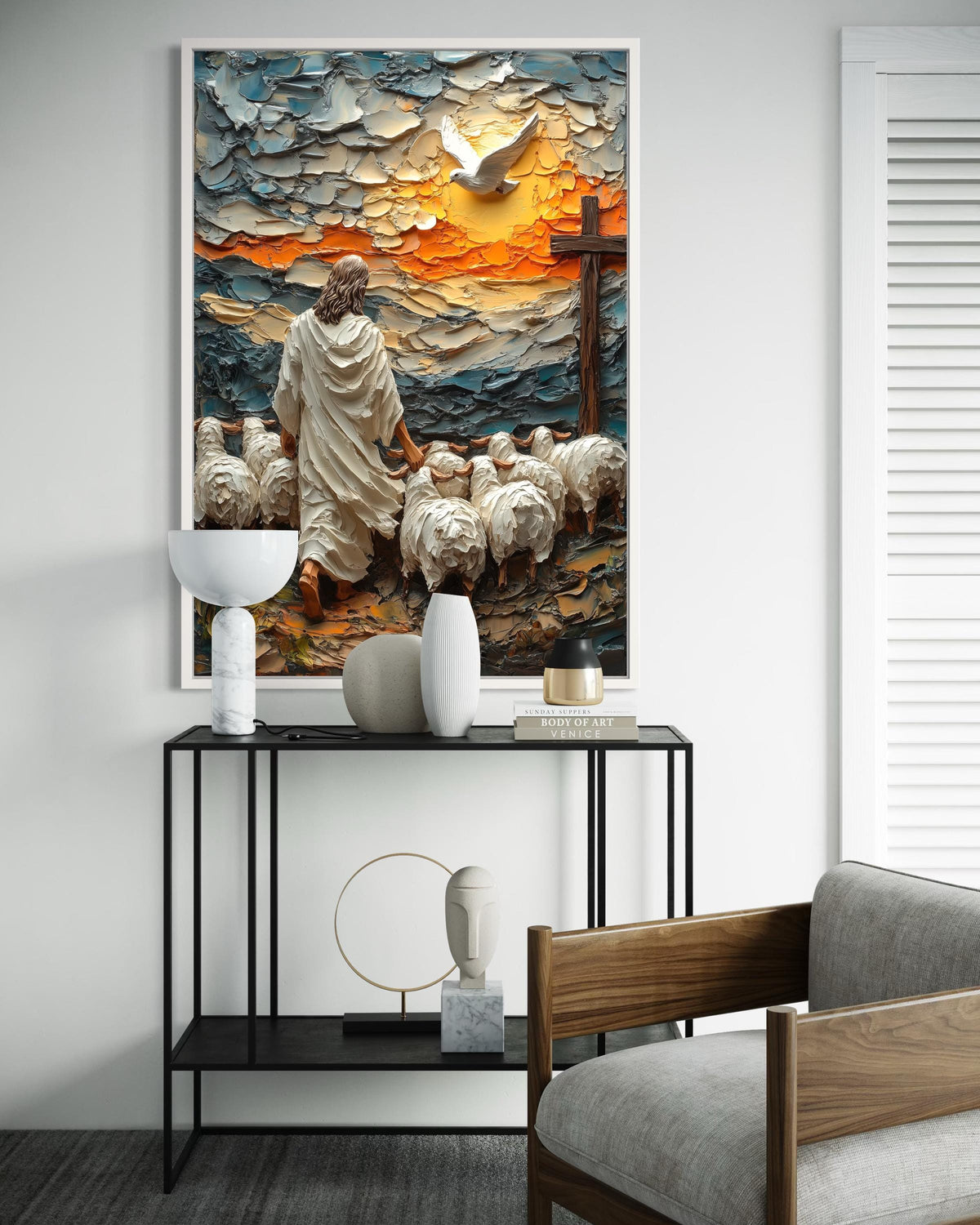 Good Shepherd Jesus Leading Sheep at Sunrise Canvas Print - 3D Impasto Painting with Dove and Cross Christian Wall Art Home Decor