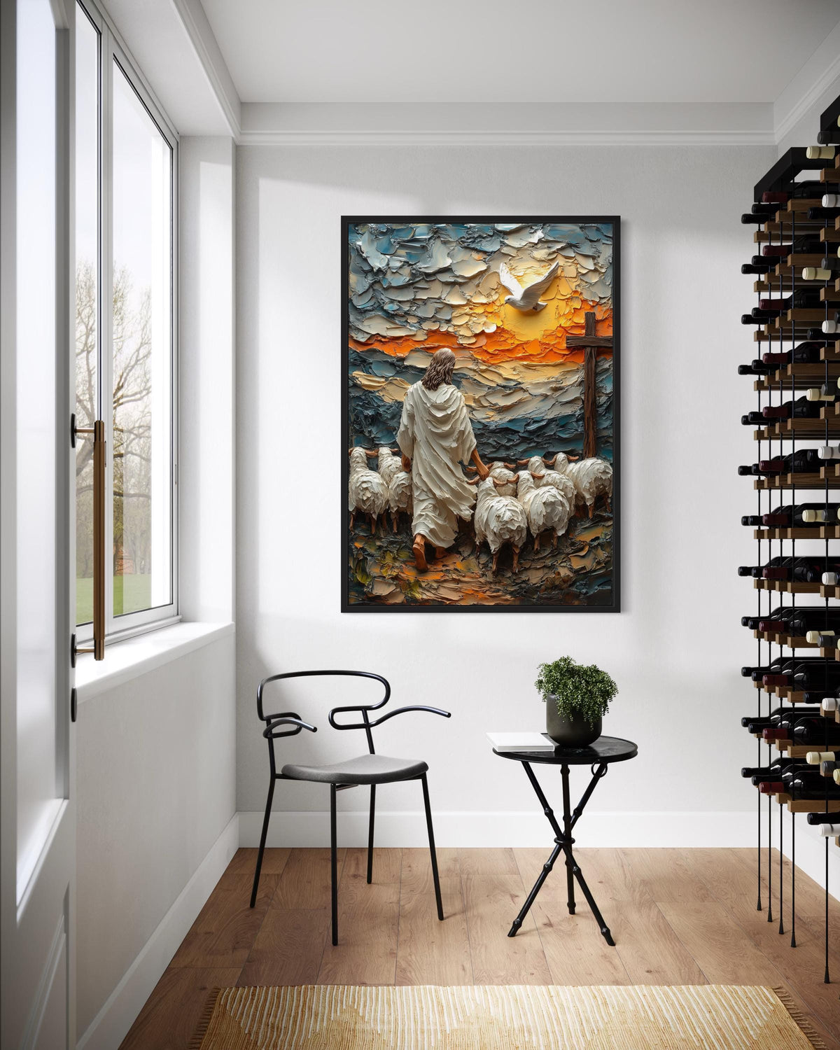 Good Shepherd Jesus Leading Sheep at Sunrise Canvas Print - 3D Impasto Painting with Dove and Cross Christian Wall Art Home Decor