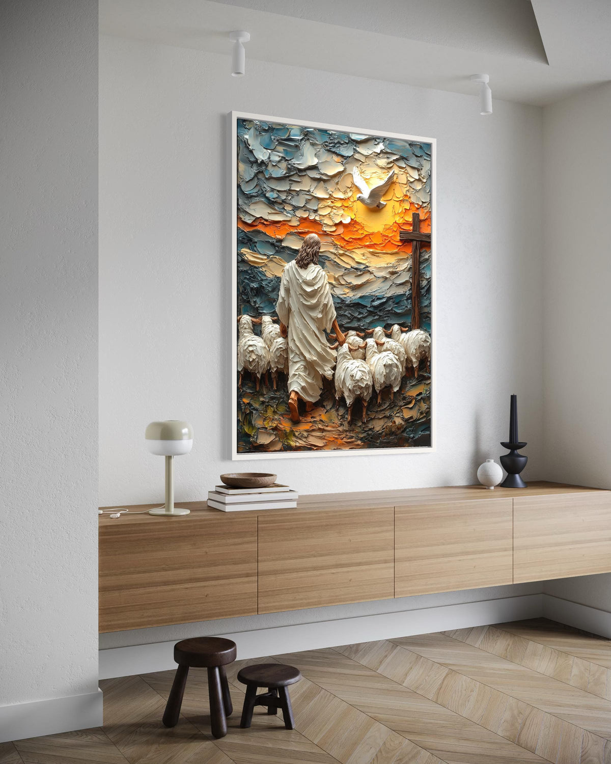 Good Shepherd Jesus Leading Sheep at Sunrise Canvas Print - 3D Impasto Painting with Dove and Cross Christian Wall Art Home Decor