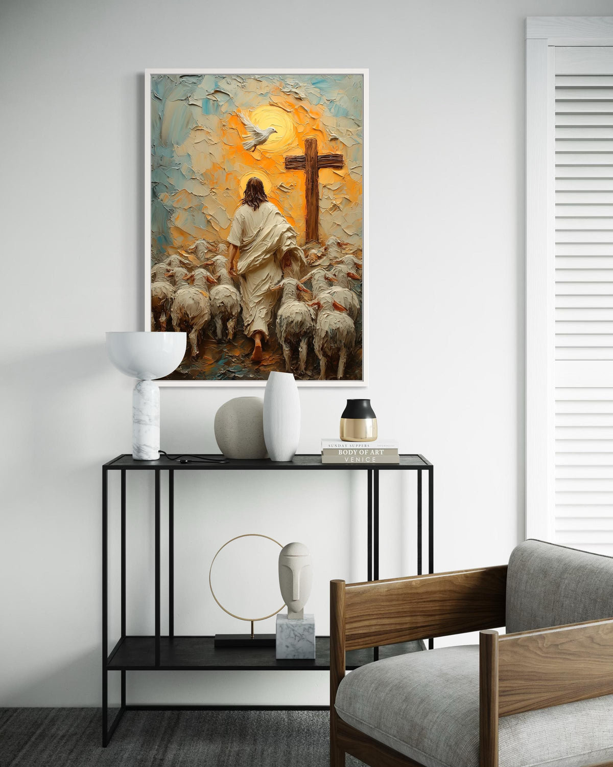 Good Shepherd Jesus Walks with Sheep Canvas Print - 3D Impasto Painting Sunrise Dove and Cross Christian Faith Wall Art Home Decor