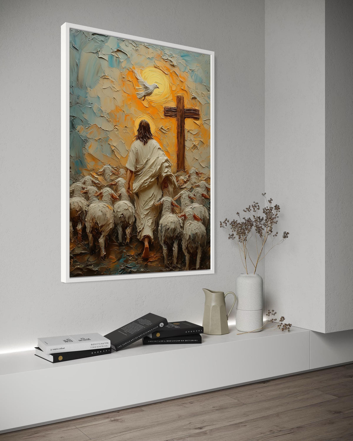 Good Shepherd Jesus Walks with Sheep Canvas Print - 3D Impasto Painting Sunrise Dove and Cross Christian Faith Wall Art Home Decor