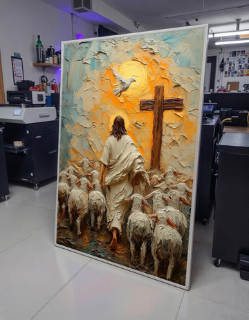 Good Shepherd Jesus Walks with Sheep Canvas Print - 3D Impasto Painting Sunrise Dove and Cross Christian Faith Wall Art Home Decor