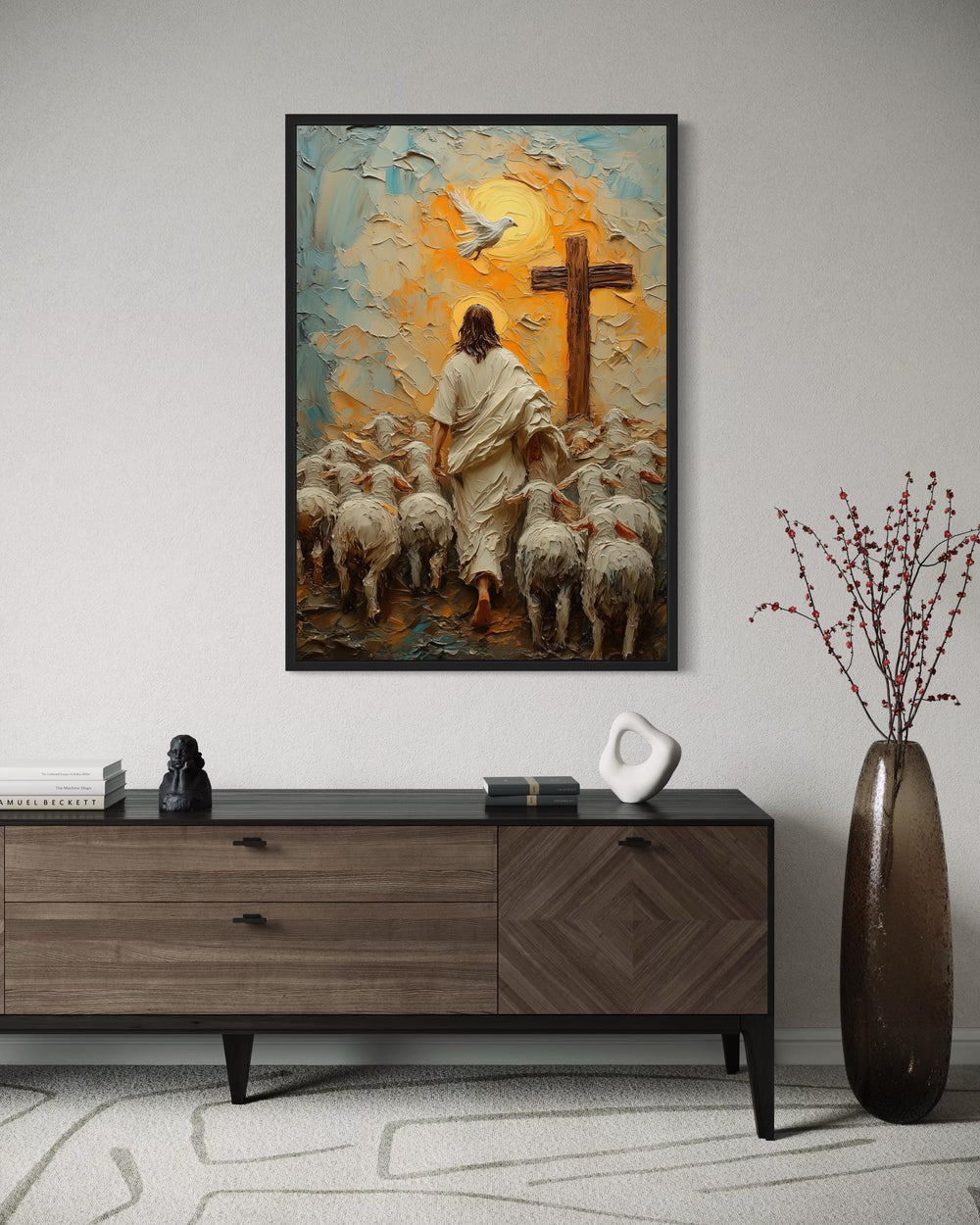 Good Shepherd Jesus Walks with Sheep Canvas Print - 3D Impasto Painting Sunrise Dove and Cross Christian Faith Wall Art Home Decor