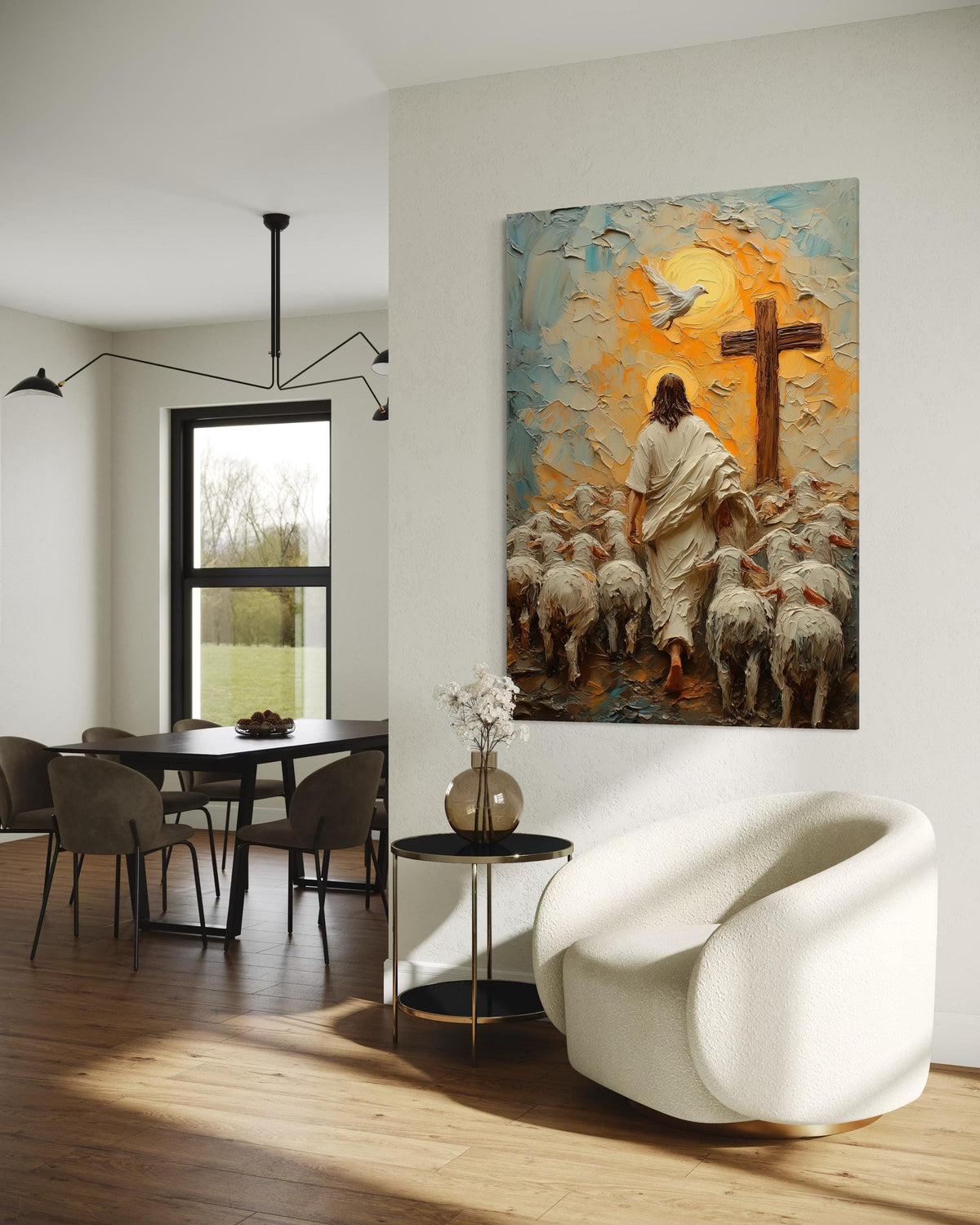 Good Shepherd Jesus Walks with Sheep Canvas Print - 3D Impasto Painting Sunrise Dove and Cross Christian Faith Wall Art Home Decor