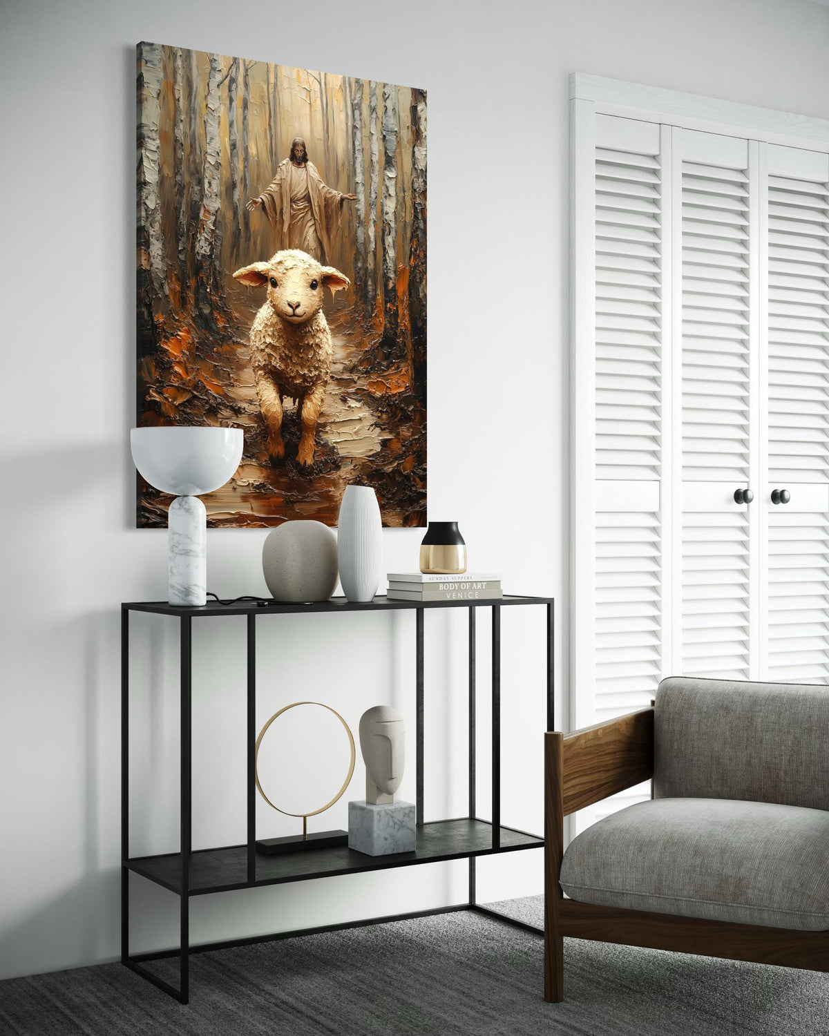 Lamb Running Toward Jesus Forest Canvas Print - 3D Impasto Painting Good Shepherd Christian Wall Art for Living Room Decor