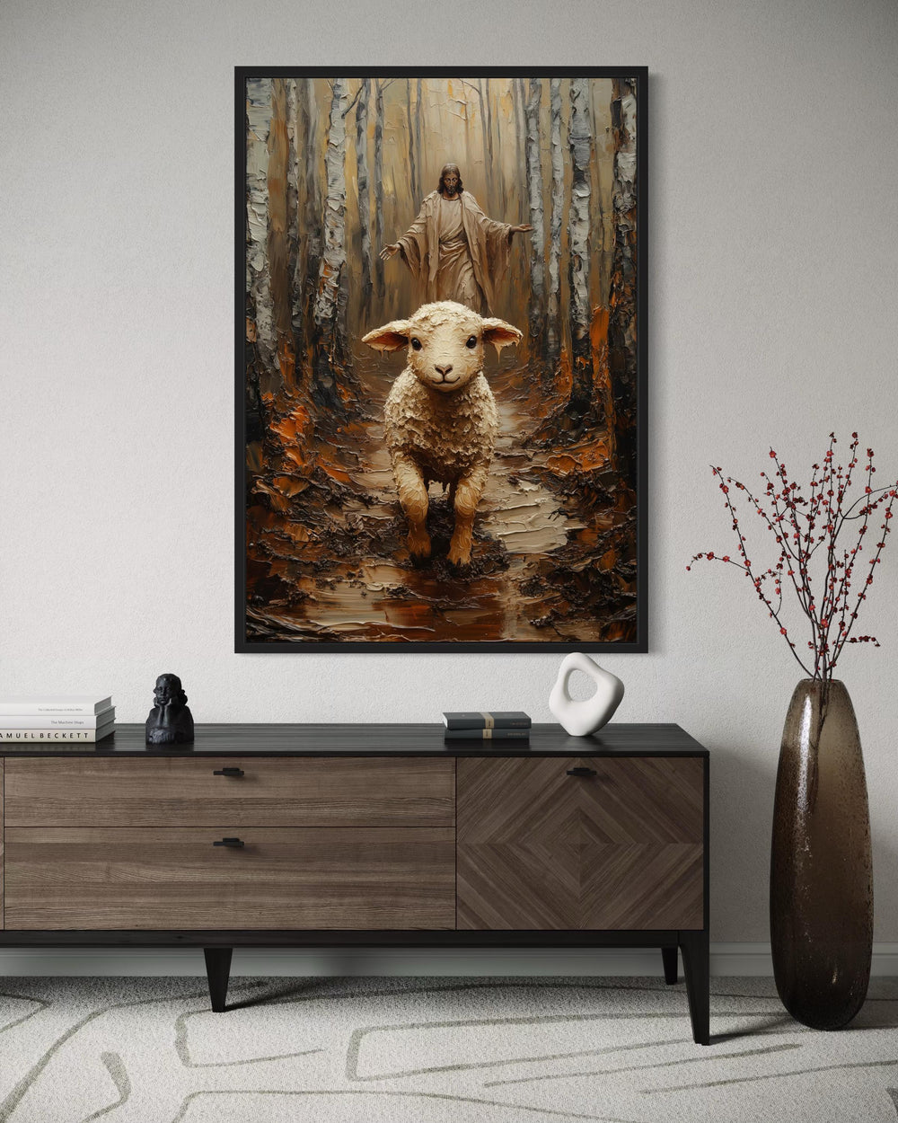 Lamb Running Toward Jesus Forest Canvas Print - 3D Impasto Painting Good Shepherd Christian Wall Art for Living Room Decor