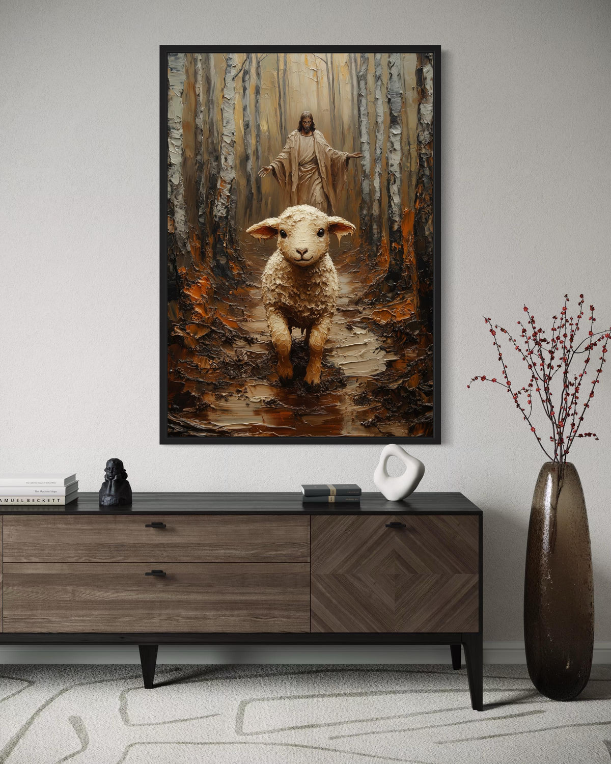 Lamb Running Toward Jesus Forest Canvas Print - 3D Impasto Painting Good Shepherd Christian Wall Art for Living Room Decor