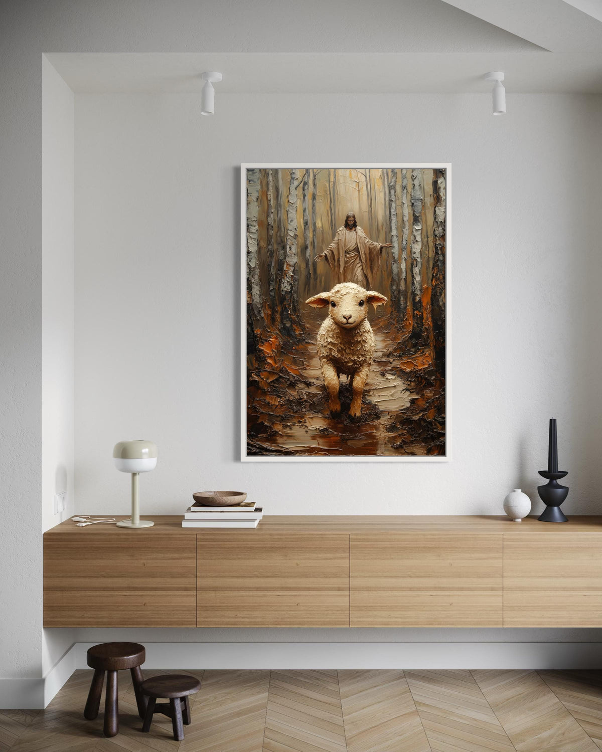 Lamb Running Toward Jesus Forest Canvas Print - 3D Impasto Painting Good Shepherd Christian Wall Art for Living Room Decor