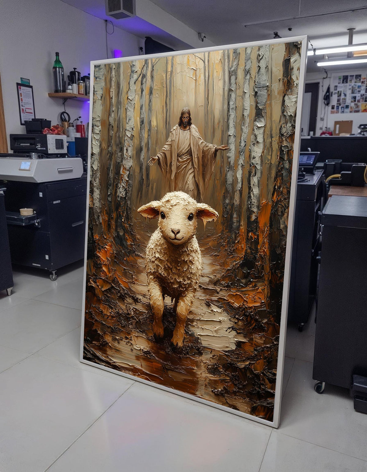 Lamb Running Toward Jesus Forest Canvas Print - 3D Impasto Painting Good Shepherd Christian Wall Art for Living Room Decor