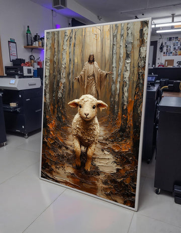 Lamb Running Toward Jesus Forest Canvas Print - 3D Impasto Painting Good Shepherd Christian Wall Art for Living Room Decor