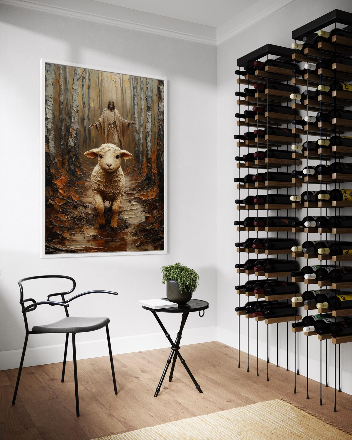 Lamb Running Toward Jesus Forest Canvas Print - 3D Impasto Painting Good Shepherd Christian Wall Art for Living Room Decor