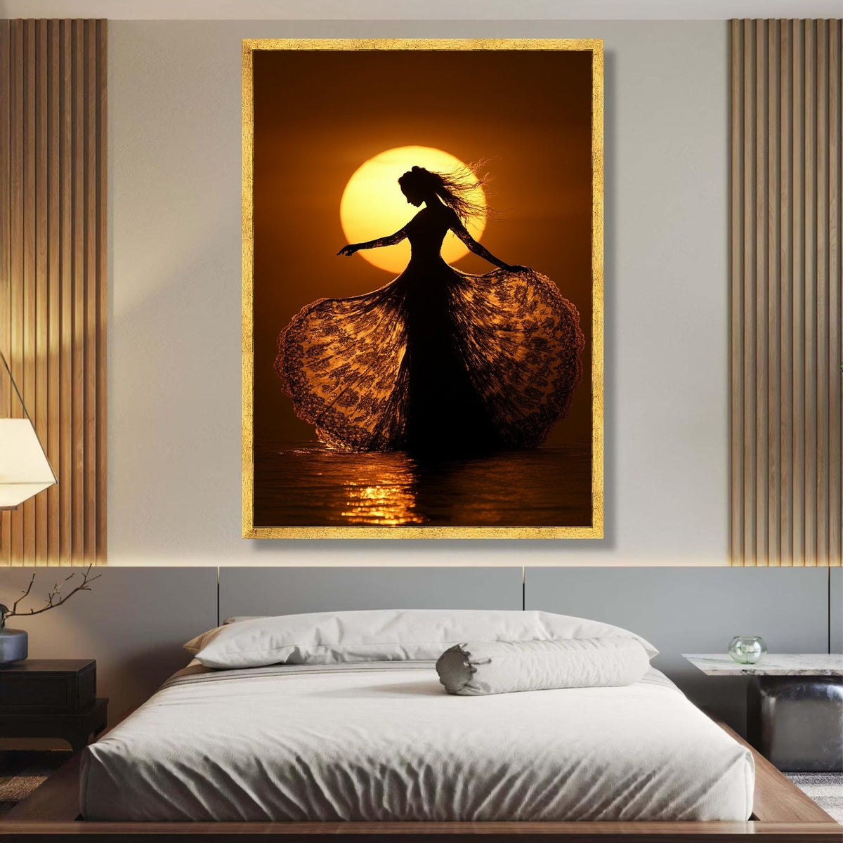 Elegant Silhouette Dancing at Sunset, Lace Dress Canvas Wall Art, Golden Hour Light Decor, Romantic wall decoration, canvas print, wall art