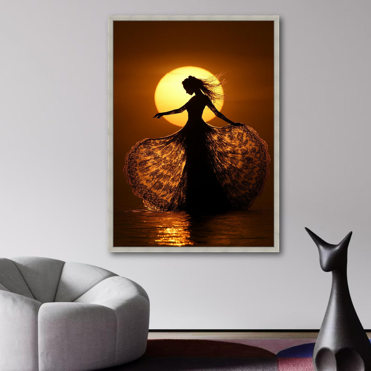 Elegant Silhouette Dancing at Sunset, Lace Dress Canvas Wall Art, Golden Hour Light Decor, Romantic wall decoration, canvas print, wall art