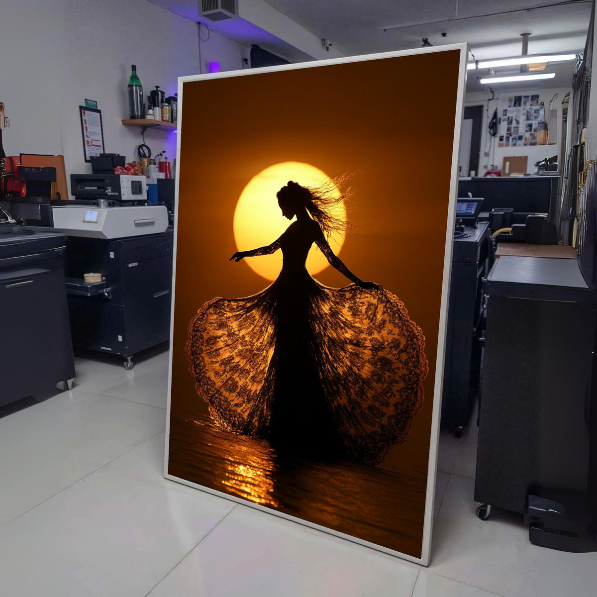 Elegant Silhouette Dancing at Sunset, Lace Dress Canvas Wall Art, Golden Hour Light Decor, Romantic wall decoration, canvas print, wall art
