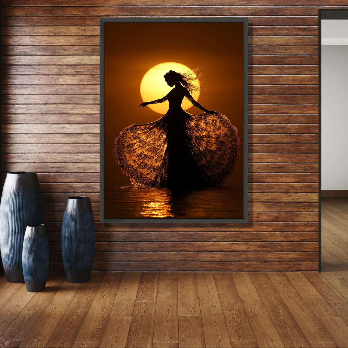 Elegant Silhouette Dancing at Sunset, Lace Dress Canvas Wall Art, Golden Hour Light Decor, Romantic wall decoration, canvas print, wall art
