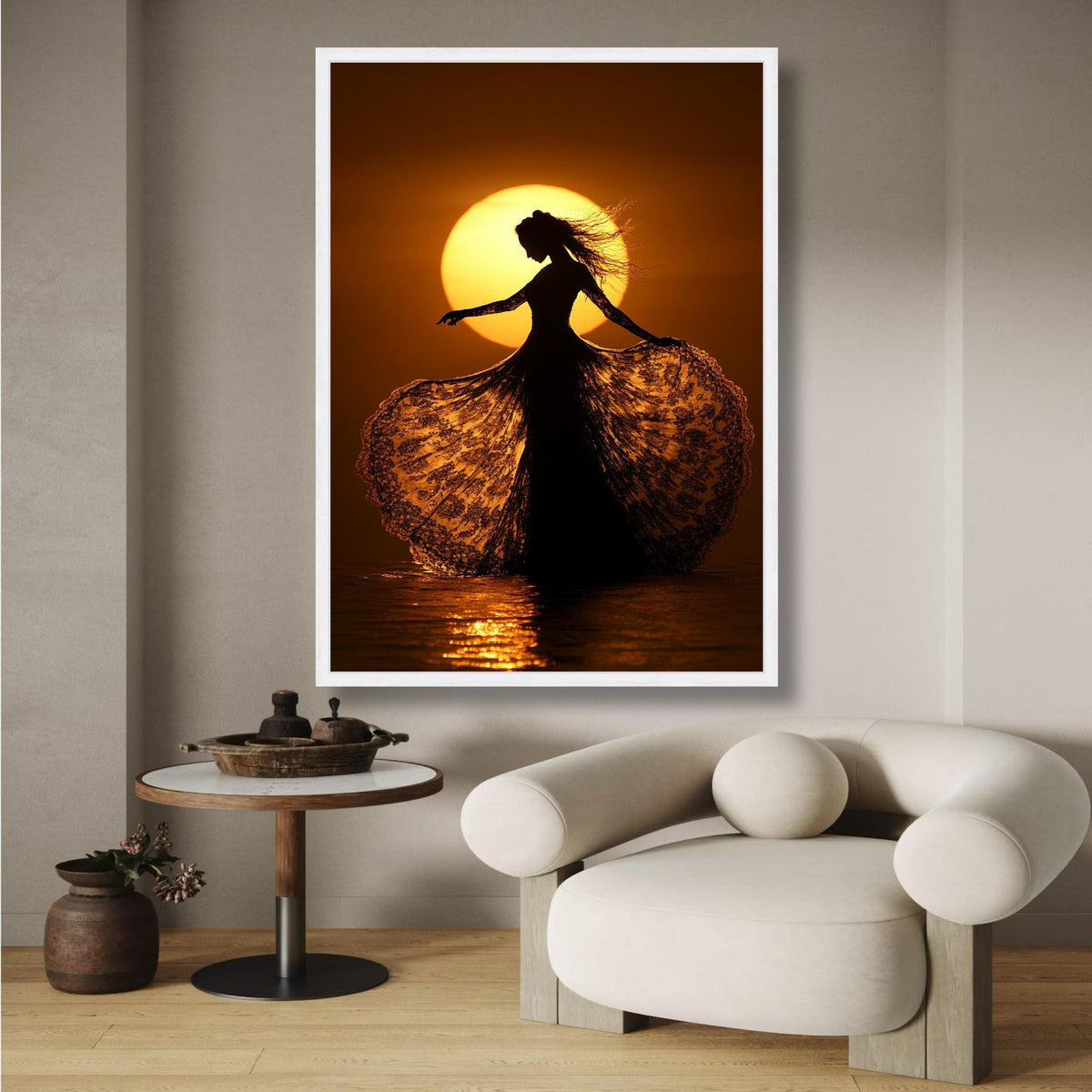 Elegant Silhouette Dancing at Sunset, Lace Dress Canvas Wall Art, Golden Hour Light Decor, Romantic wall decoration, canvas print, wall art