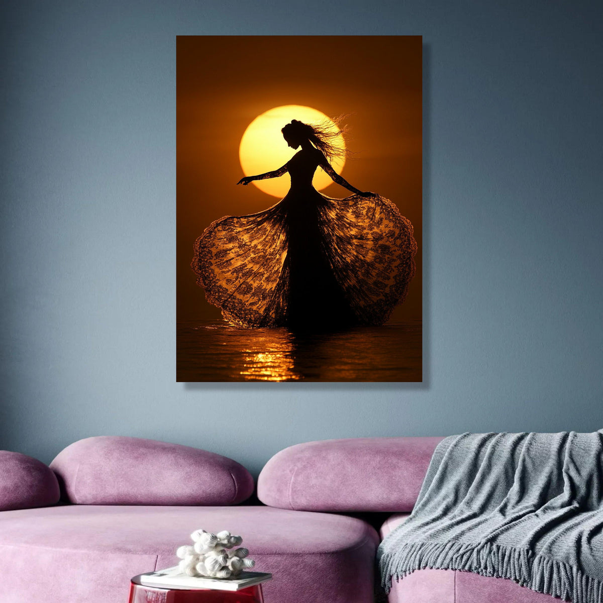 Elegant Silhouette Dancing at Sunset, Lace Dress Canvas Wall Art, Golden Hour Light Decor, Romantic wall decoration, canvas print, wall art