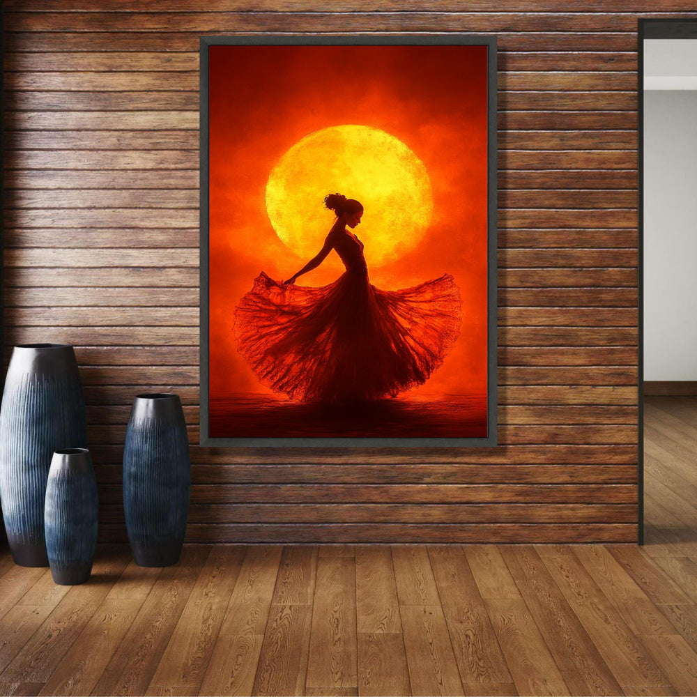 Elegant Flamenco Dancer Silhouette Canvas, Warm Sunset Backdrop Wall Art, Vibrant Red and Orange wall decoration, canvas print, wall art
