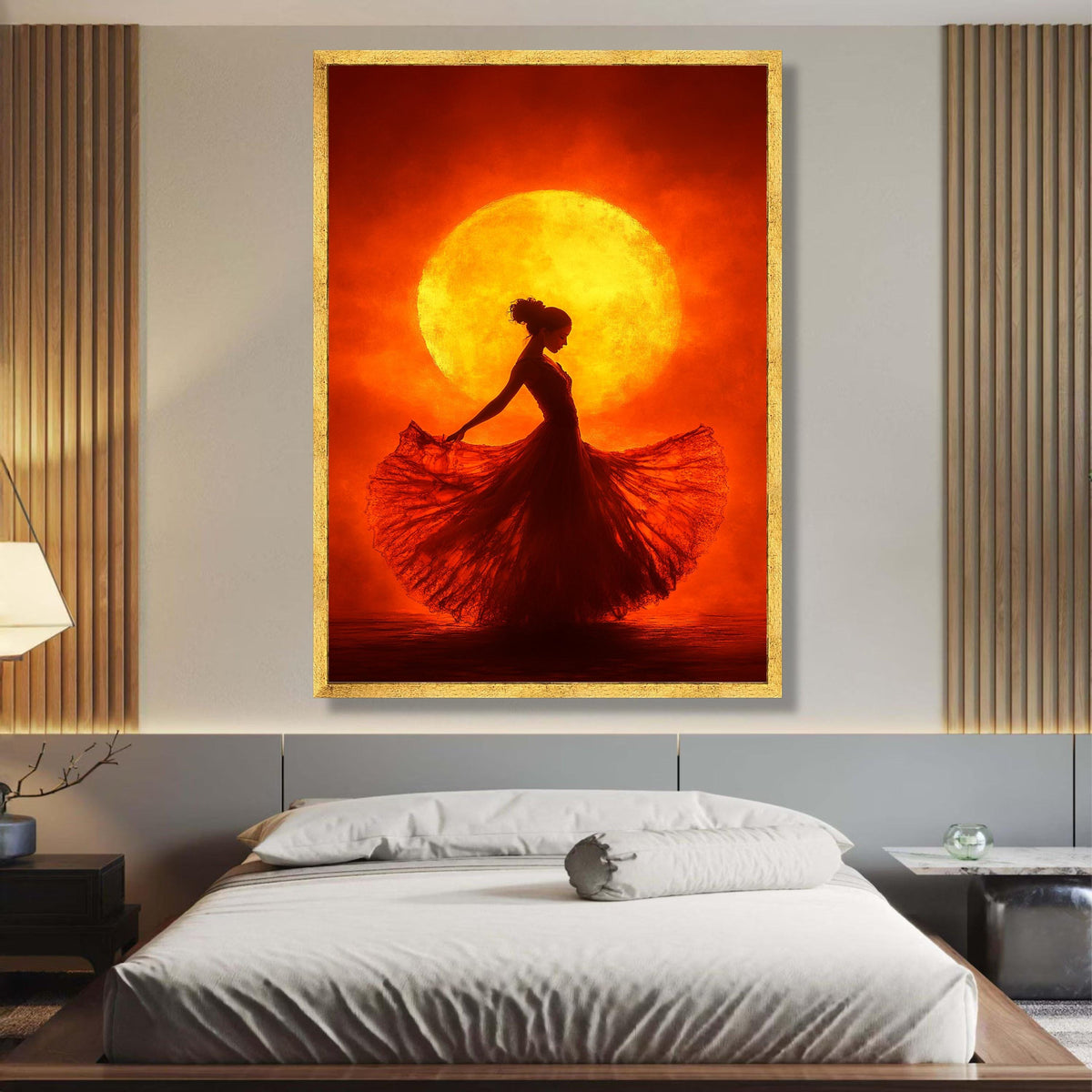 Elegant Flamenco Dancer Silhouette Canvas, Warm Sunset Backdrop Wall Art, Vibrant Red and Orange wall decoration, canvas print, wall art