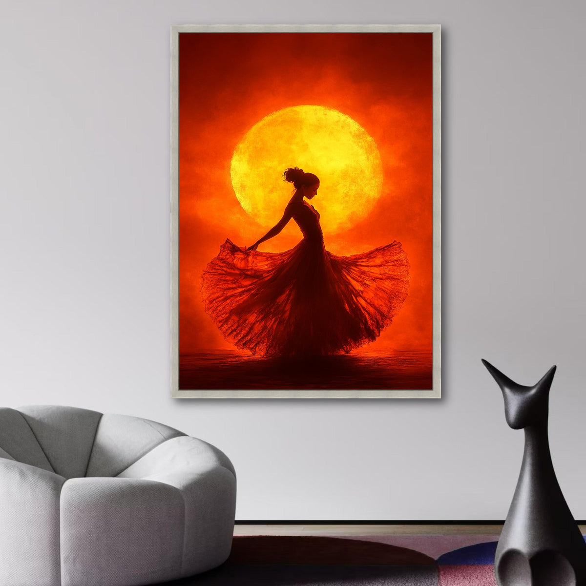 Elegant Flamenco Dancer Silhouette Canvas, Warm Sunset Backdrop Wall Art, Vibrant Red and Orange wall decoration, canvas print, wall art
