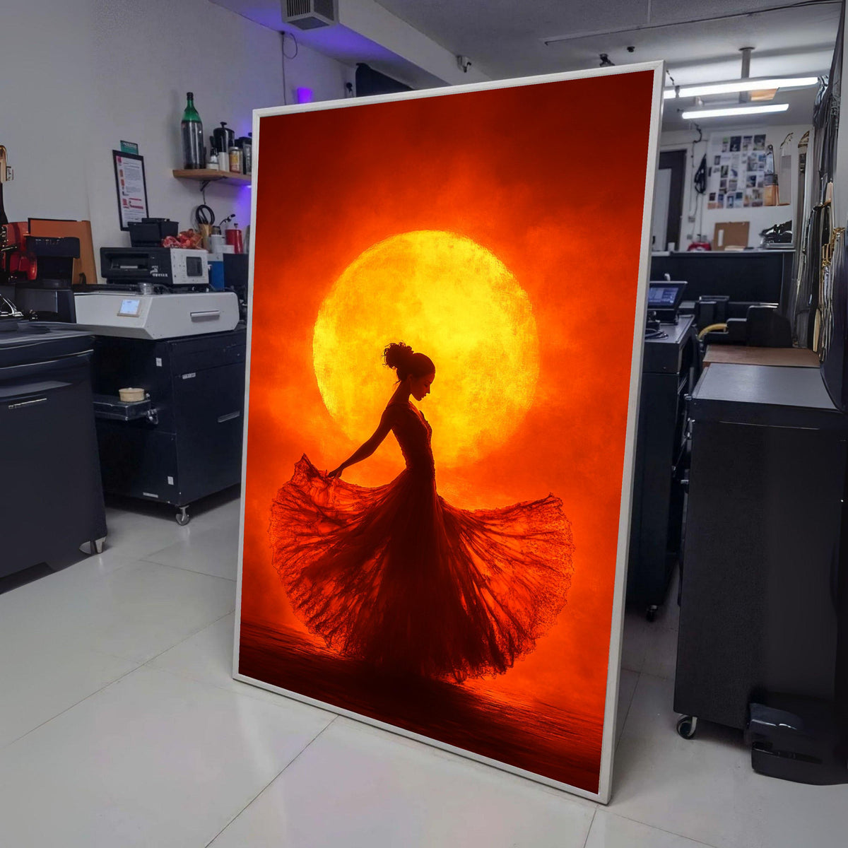 Elegant Flamenco Dancer Silhouette Canvas, Warm Sunset Backdrop Wall Art, Vibrant Red and Orange wall decoration, canvas print, wall art