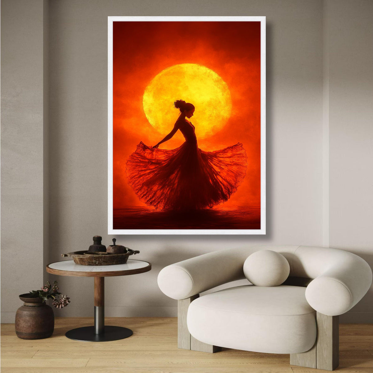 Elegant Flamenco Dancer Silhouette Canvas, Warm Sunset Backdrop Wall Art, Vibrant Red and Orange wall decoration, canvas print, wall art