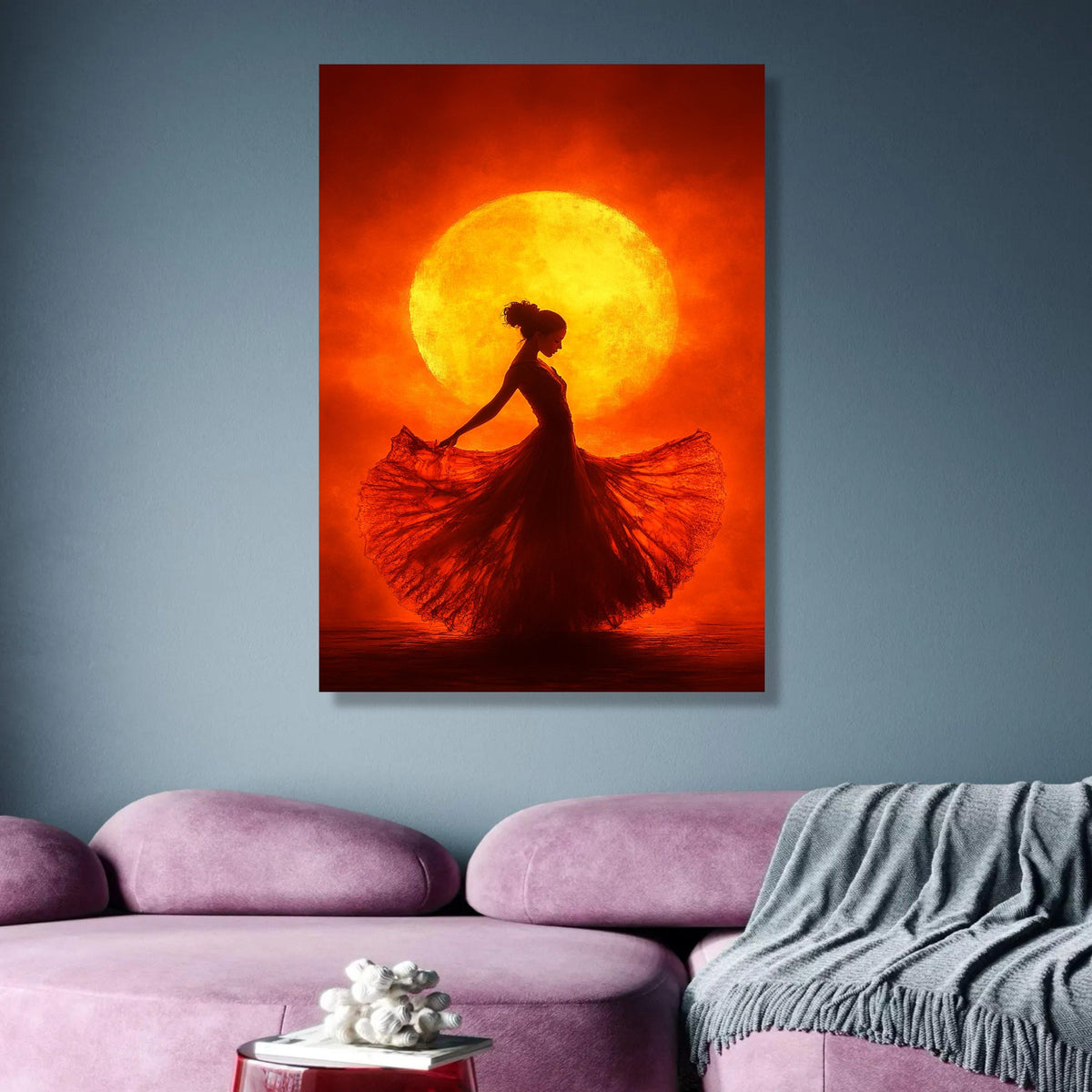 Elegant Flamenco Dancer Silhouette Canvas, Warm Sunset Backdrop Wall Art, Vibrant Red and Orange wall decoration, canvas print, wall art