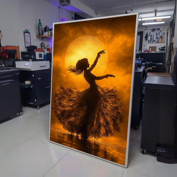 Silhouette of Dancing Woman with Flowing Dress, Golden Sunset Canvas, Elegant Ballet Art, Bohemian wall decoration, canvas print, wall art