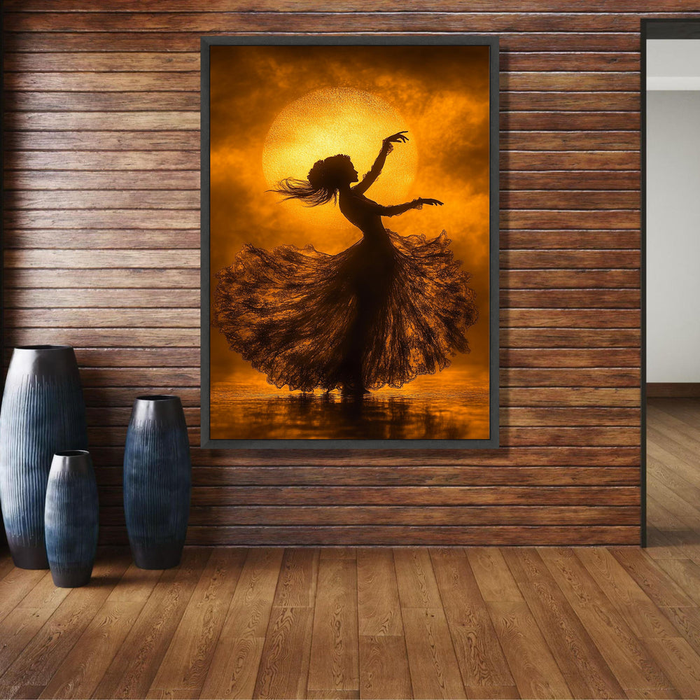Silhouette of Dancing Woman with Flowing Dress, Golden Sunset Canvas, Elegant Ballet Art, Bohemian wall decoration, canvas print, wall art