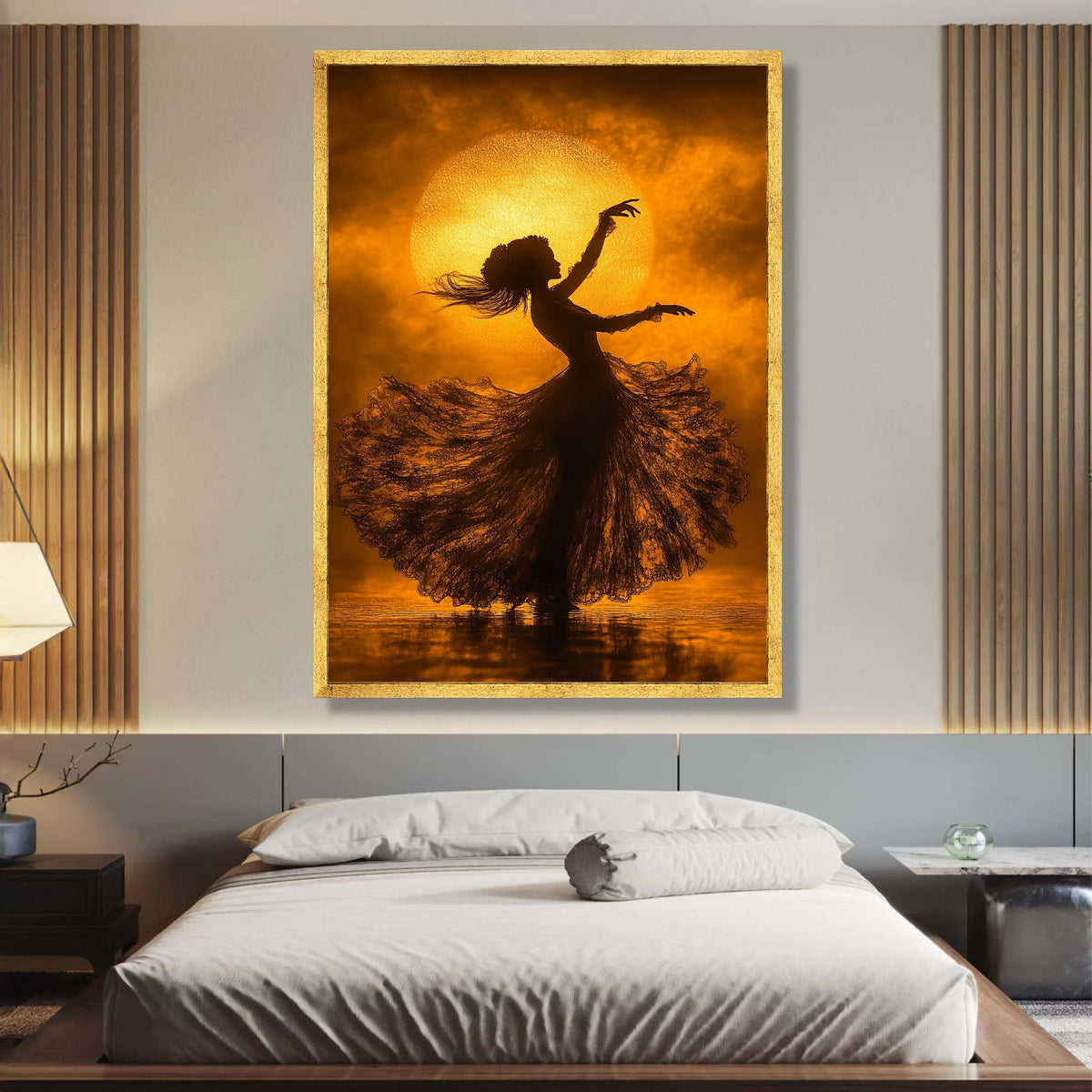 Silhouette of Dancing Woman with Flowing Dress, Golden Sunset Canvas, Elegant Ballet Art, Bohemian wall decoration, canvas print, wall art
