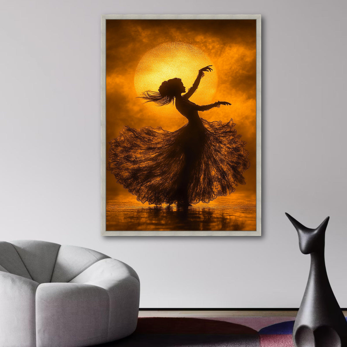 Silhouette of Dancing Woman with Flowing Dress, Golden Sunset Canvas, Elegant Ballet Art, Bohemian wall decoration, canvas print, wall art
