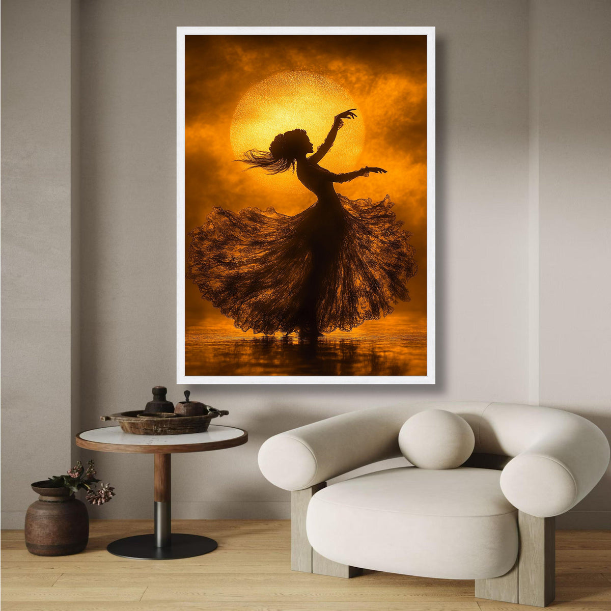 Silhouette of Dancing Woman with Flowing Dress, Golden Sunset Canvas, Elegant Ballet Art, Bohemian wall decoration, canvas print, wall art