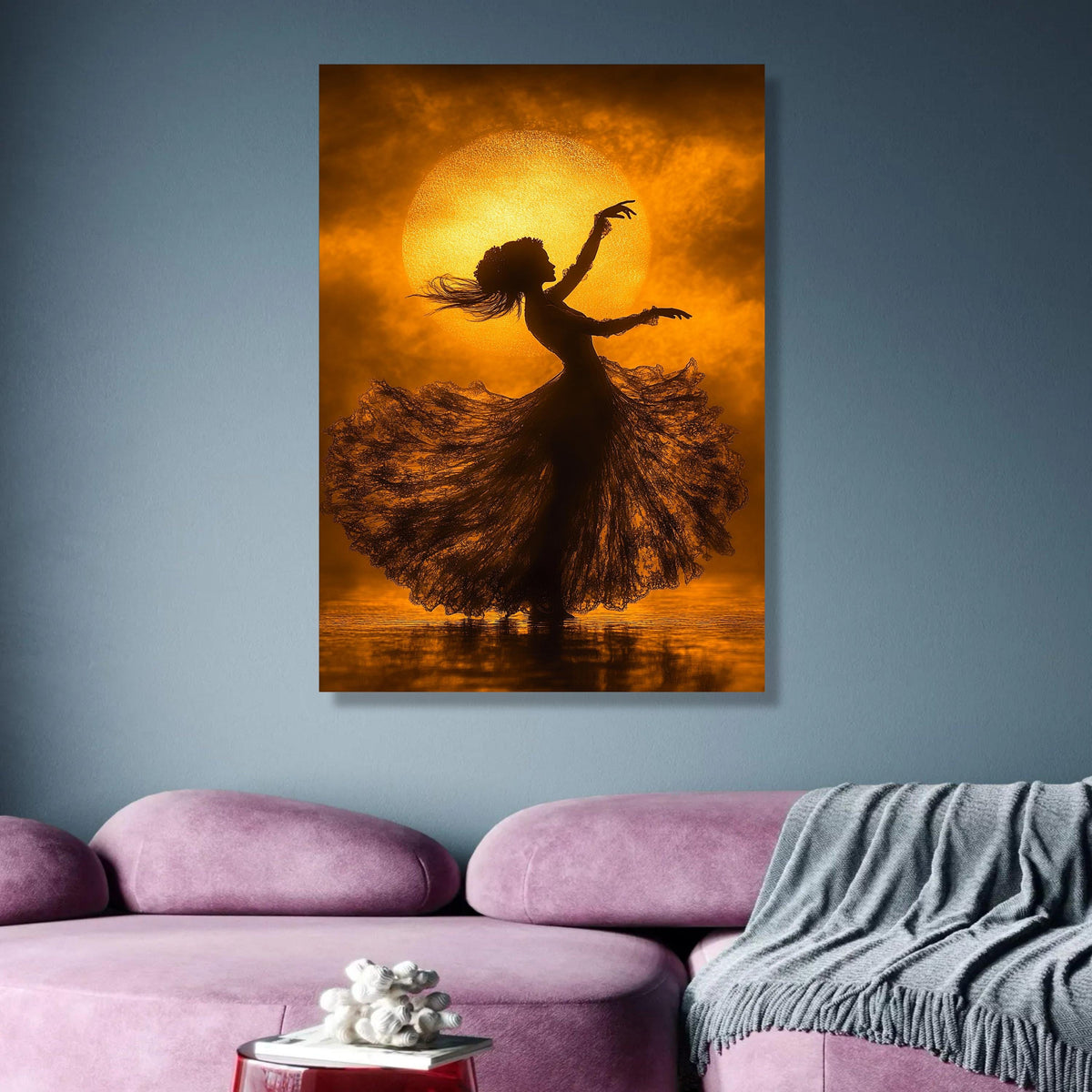Silhouette of Dancing Woman with Flowing Dress, Golden Sunset Canvas, Elegant Ballet Art, Bohemian wall decoration, canvas print, wall art