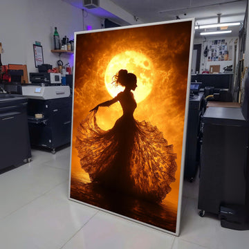 Elegant Silhouette Dance, Vintage Lace Dress Canvas, Fiery Moonlight Wall Art, Romantic Night Scene, wall decoration, canvas print, wall art