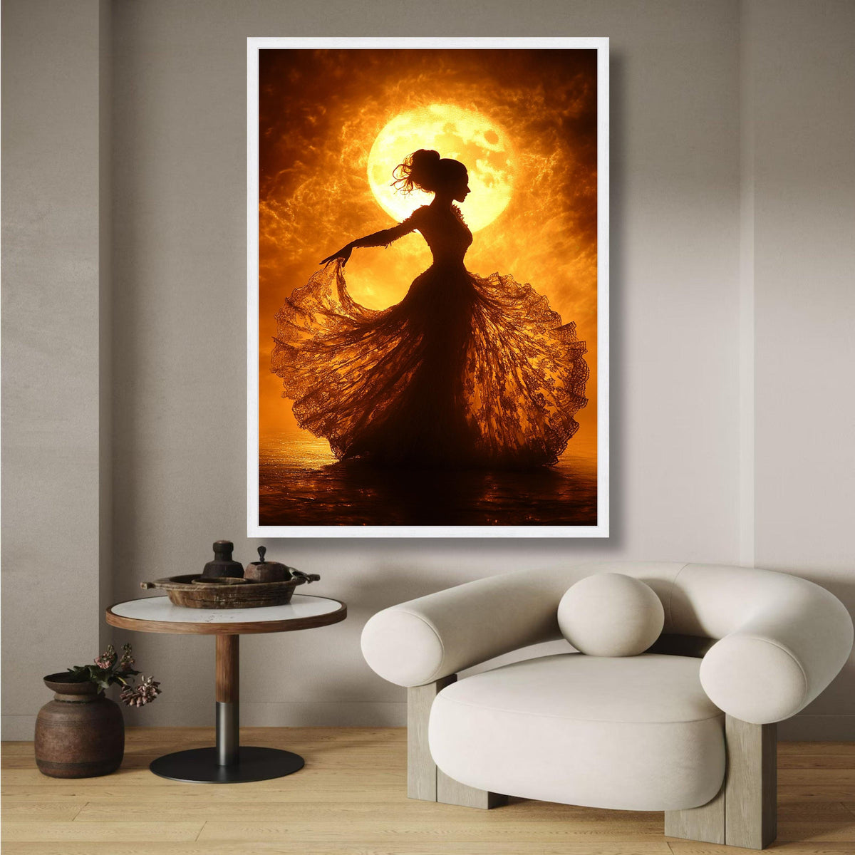 Elegant Silhouette Dance, Vintage Lace Dress Canvas, Fiery Moonlight Wall Art, Romantic Night Scene, wall decoration, canvas print, wall art