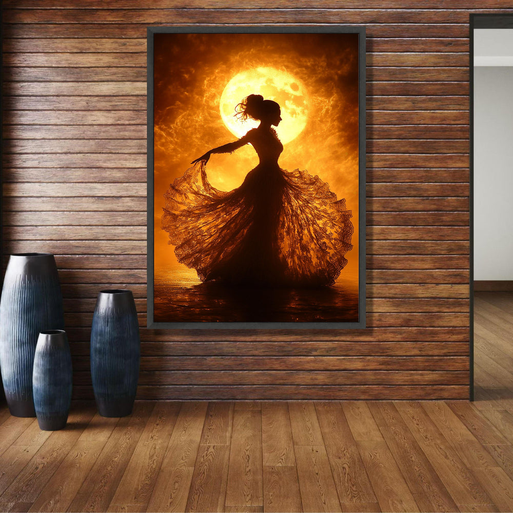 Elegant Silhouette Dance, Vintage Lace Dress Canvas, Fiery Moonlight Wall Art, Romantic Night Scene, wall decoration, canvas print, wall art