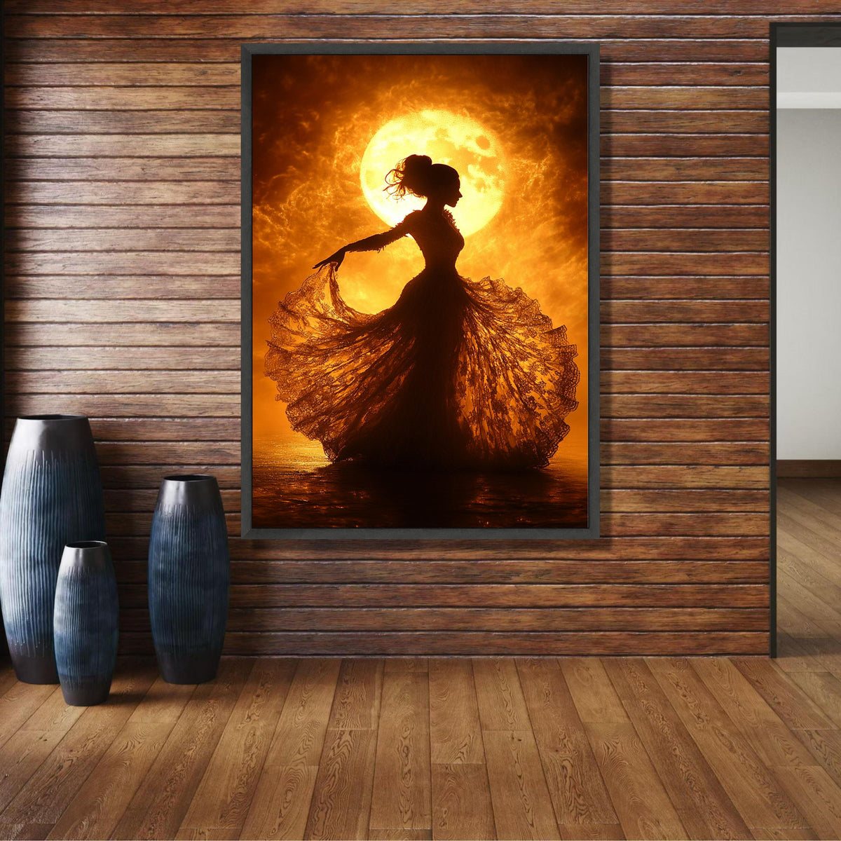 Elegant Silhouette Dance, Vintage Lace Dress Canvas, Fiery Moonlight Wall Art, Romantic Night Scene, wall decoration, canvas print, wall art