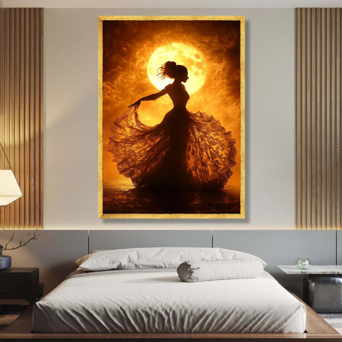 Elegant Silhouette Dance, Vintage Lace Dress Canvas, Fiery Moonlight Wall Art, Romantic Night Scene, wall decoration, canvas print, wall art